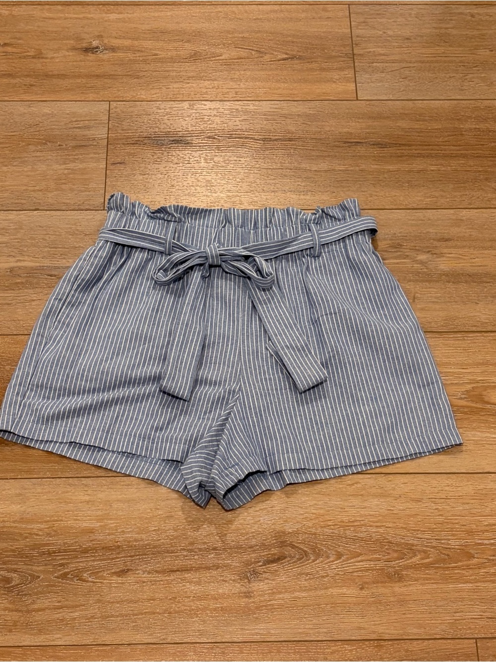 Striped High-Waist Paperbag Shorts with Tie Belt - Blue